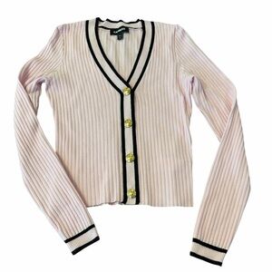 Express Pink Ribbed Cardigan with Black Trim and Gold Buttons. Womens XSmall